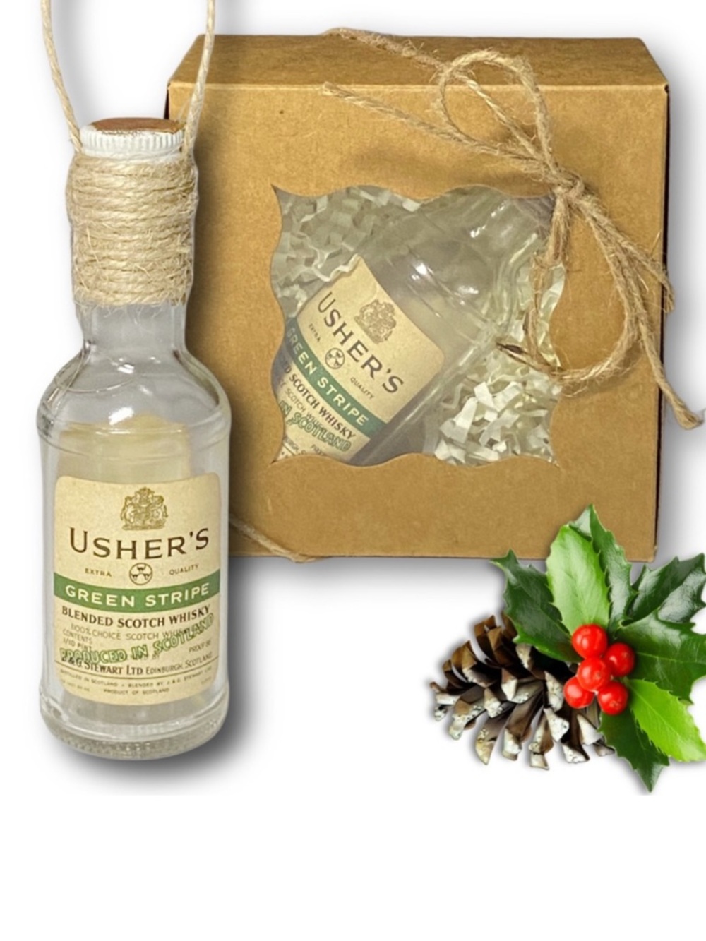 Usher's Green Stripe Blended Scotch Whisky Artisan Vintage Glass Bottle Ornament